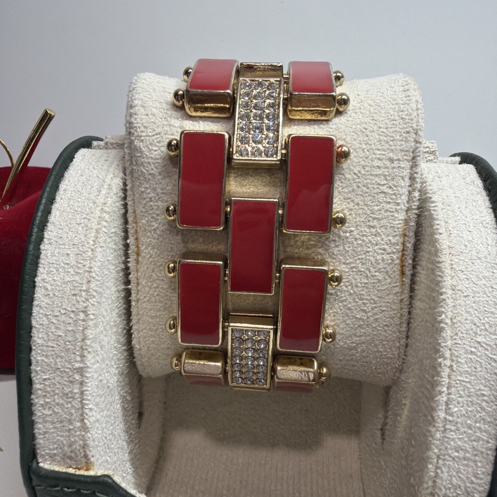 Red Enamel and Gold-Tone Rhinestone Link Bracelet 7.5" Tennis Style